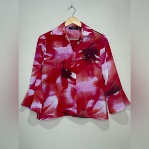 New York City Design Co. vibrant red/pink abstract pattern with flounce sleeves